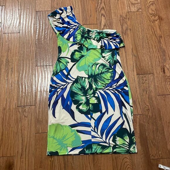 Joseph Ribkoff palm floral one shoulder ruffle dress 10 - Picture 7 of 8